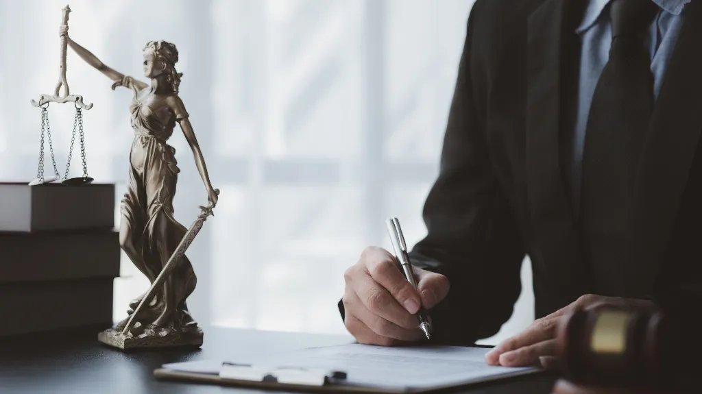Bronze Lady Justice statue beside a person in a suit writing on a document at a desk.