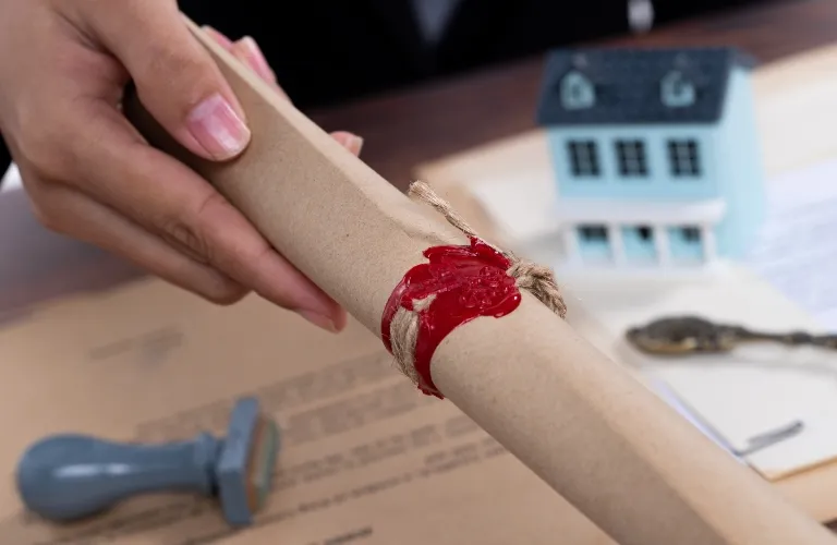 Hand holding a sealed rolled document with red wax seal, miniature blue house and keys in background.