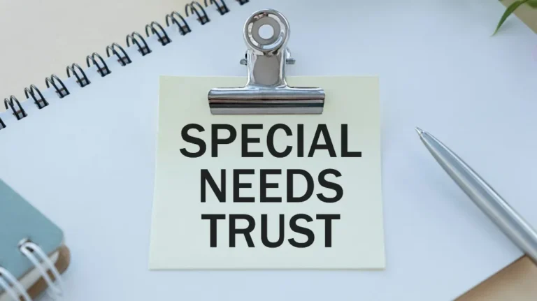 Metal clip holding a note with "SPECIAL NEEDS TRUST" text on a white desk.