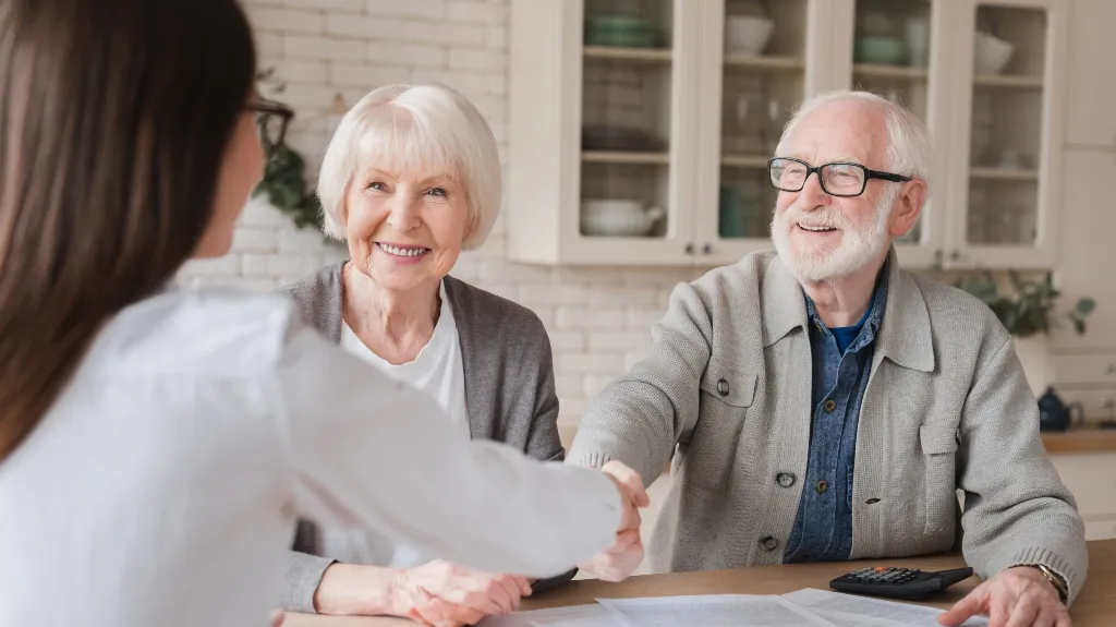 Elderly couple smiling and shaking hands with a professional woman in a modern kitchen.